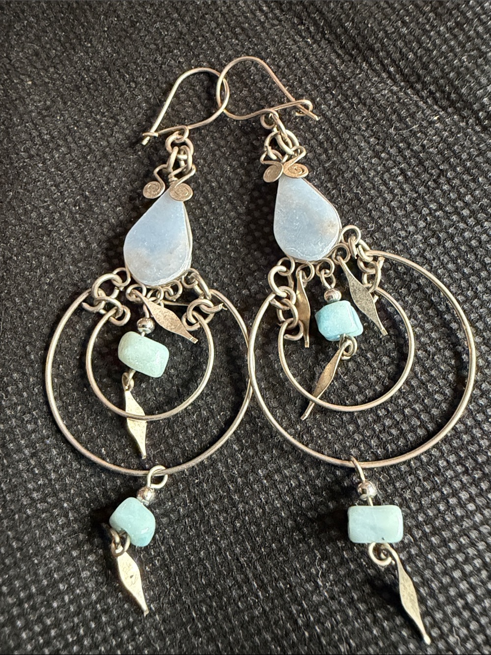 Bohemian Silver-Tone Aqua Stone Dangle Earrings